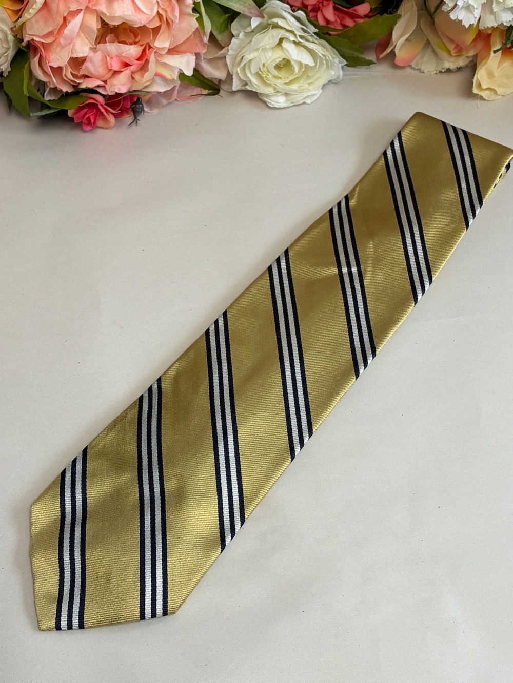 Brooks Brothers Makers Silk Repp Stripe Tie Gold Navy White Made in USA 3.5in